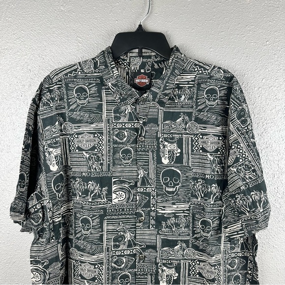 Harley Davidson All Over Print Button Up Short Sleeve Shirt Skull Halloween XXL - Picture 2 of 11